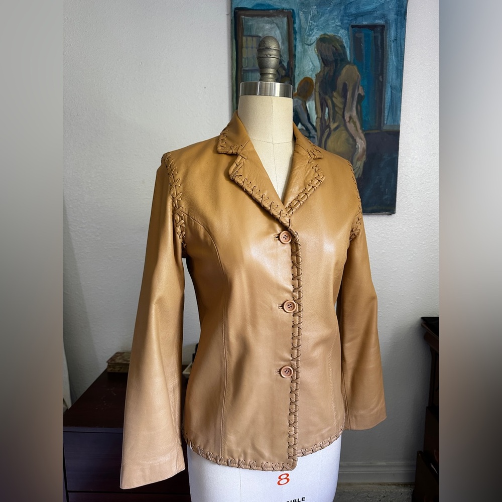 Tan Leather Button-Front Jacket - image 1